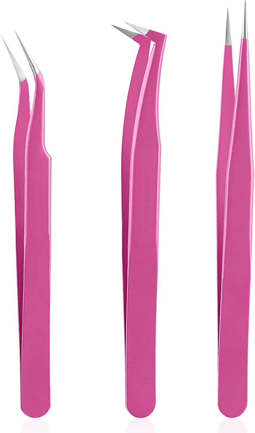 Gjinxi 3Pcs Precision lash Tweezers, Professional Stainless Steel Curler Eyelash Extension Tweezers, Straight and Curved Eye Lash Tweezers for DIY Lash Extension Beginners Womens Personal Care Pink