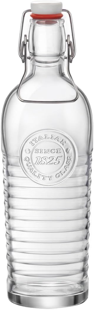 Bormioli Rocco Officina Water Bottle | 37.25 oz, Italian Glass Pitcher | Airtight Seal & Metal Clamp | Easy To Carry Handle, Dishwasher Safe & Eco-Friendly | Safe For Infused & Carbonated Drinks