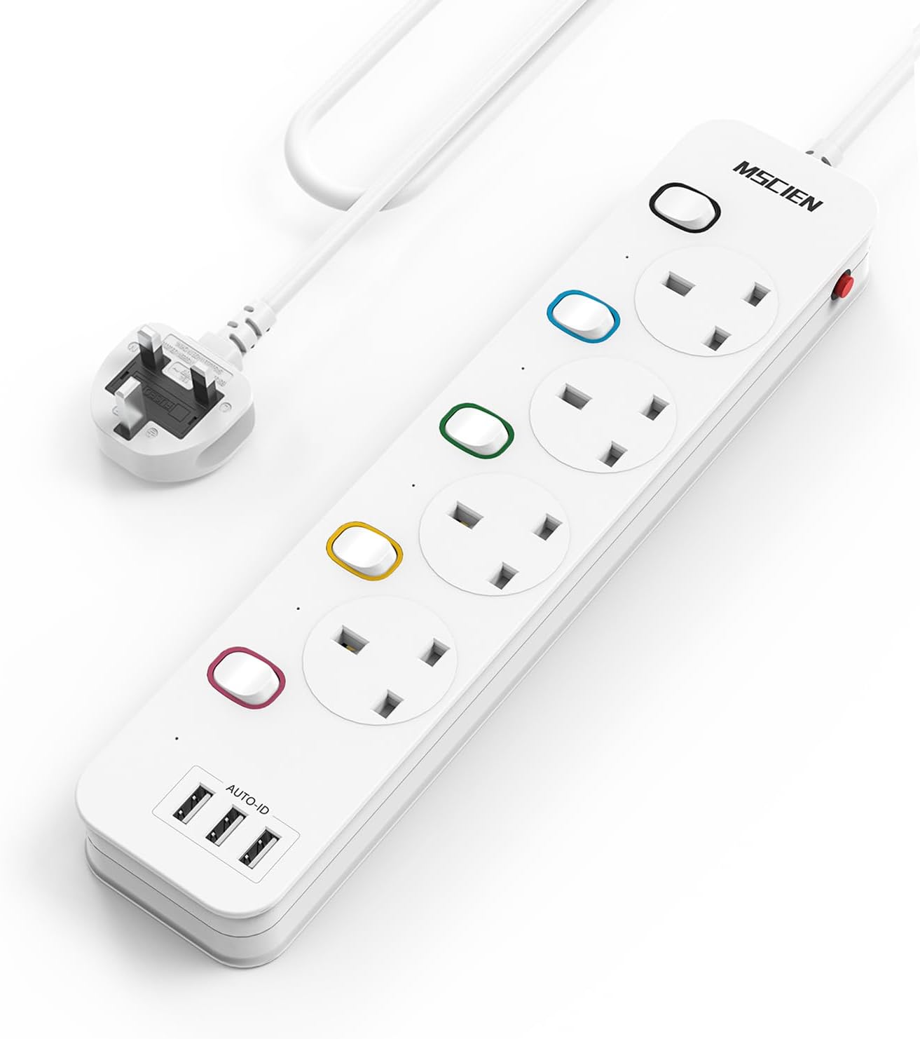 Mscien Extension Lead with USB Slots, 4 Way 3 USB Extension Socket with Individual Switches, Mountable Overload Protection Power Strips, 1.8 Meter Cable, 13A/3250W