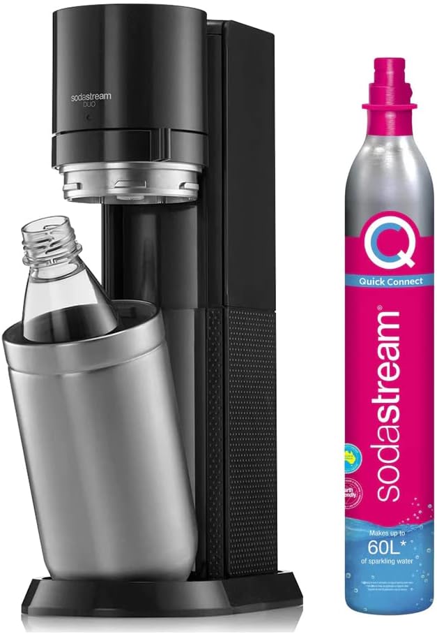 SodaStream Duo Sparkling Water Maker, Sparkling Water Machine & 2x 1L Fizzy Water Bottles, Retro Drinks Maker w. BPA-Free Water Bottle, Glass Carafe & Gas Bottle for Home Carbonated Water - Black