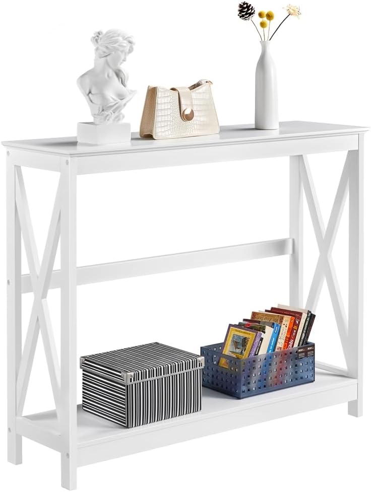 Yaheetech Console Table, 2 Tiers Entryway Table with Storage Shelves, Wooden Sofa Table for Entryway Hallway Living Room Bedroom,101.5x30x81cm,X-Design, White