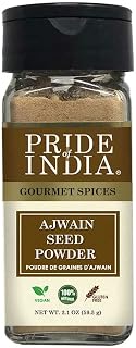 Pride of India – Ajwain Seed Powder – Gourmet Indian Spice – Made from Fresh Carom Seeds – Rich in Nutrients – Aromatic & Flavorful – Easy to Use - 2.1 oz. Small Dual Sifter Bottle