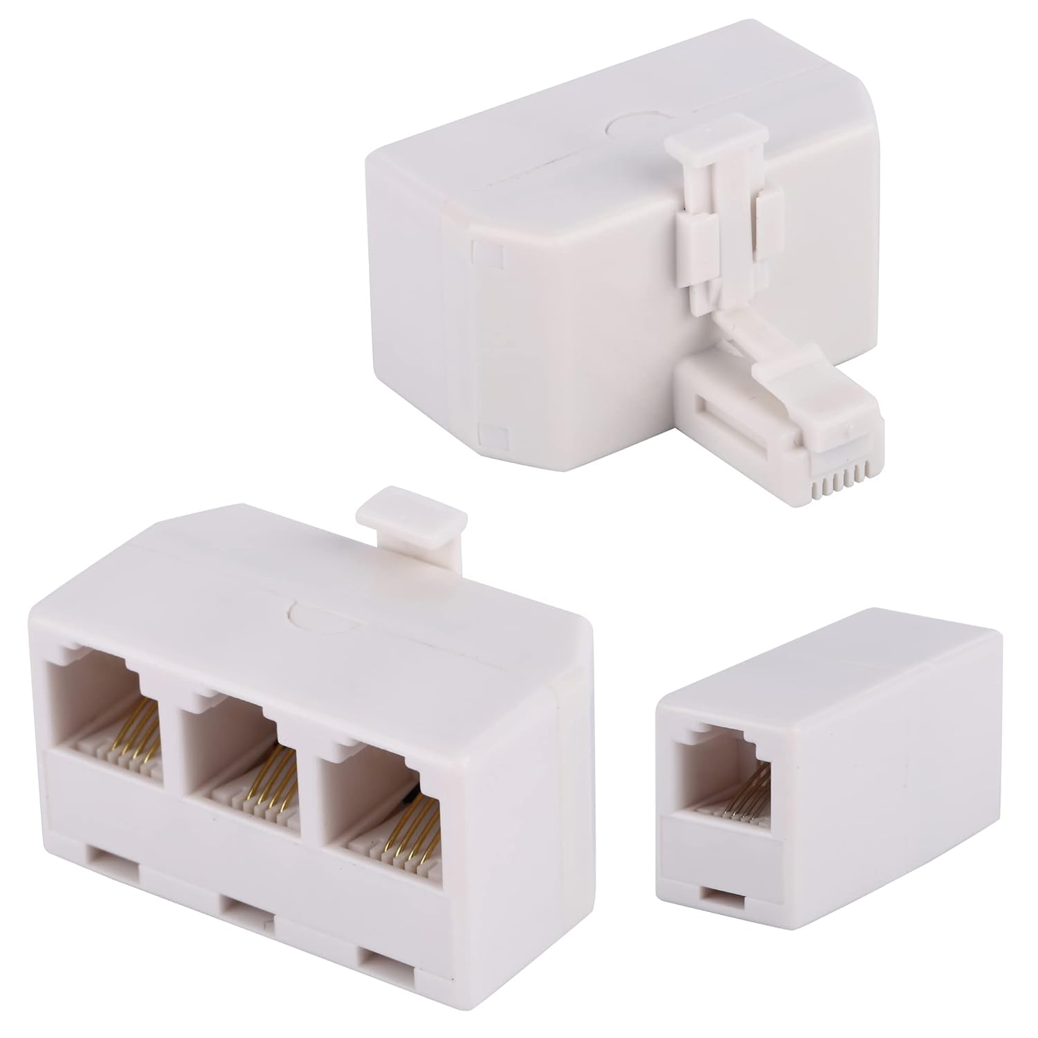 2+1Pack 2pcs Phone Jack Splitter RJ11 6P4C Male to Females and 1pc Phone Line Coupler for Landline and Fax -Beige (3 Way)