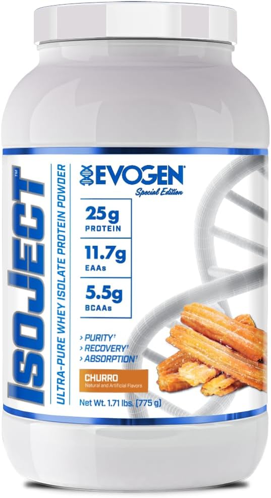 Evogen Isoject Whey Protein Isolate | Recovery | Churro | 25 Servings | Triple cold-filtered with Ignitor enzymes, BCAAs and EAAs; clean, filler-free formula for shakes, smoothies and recipes