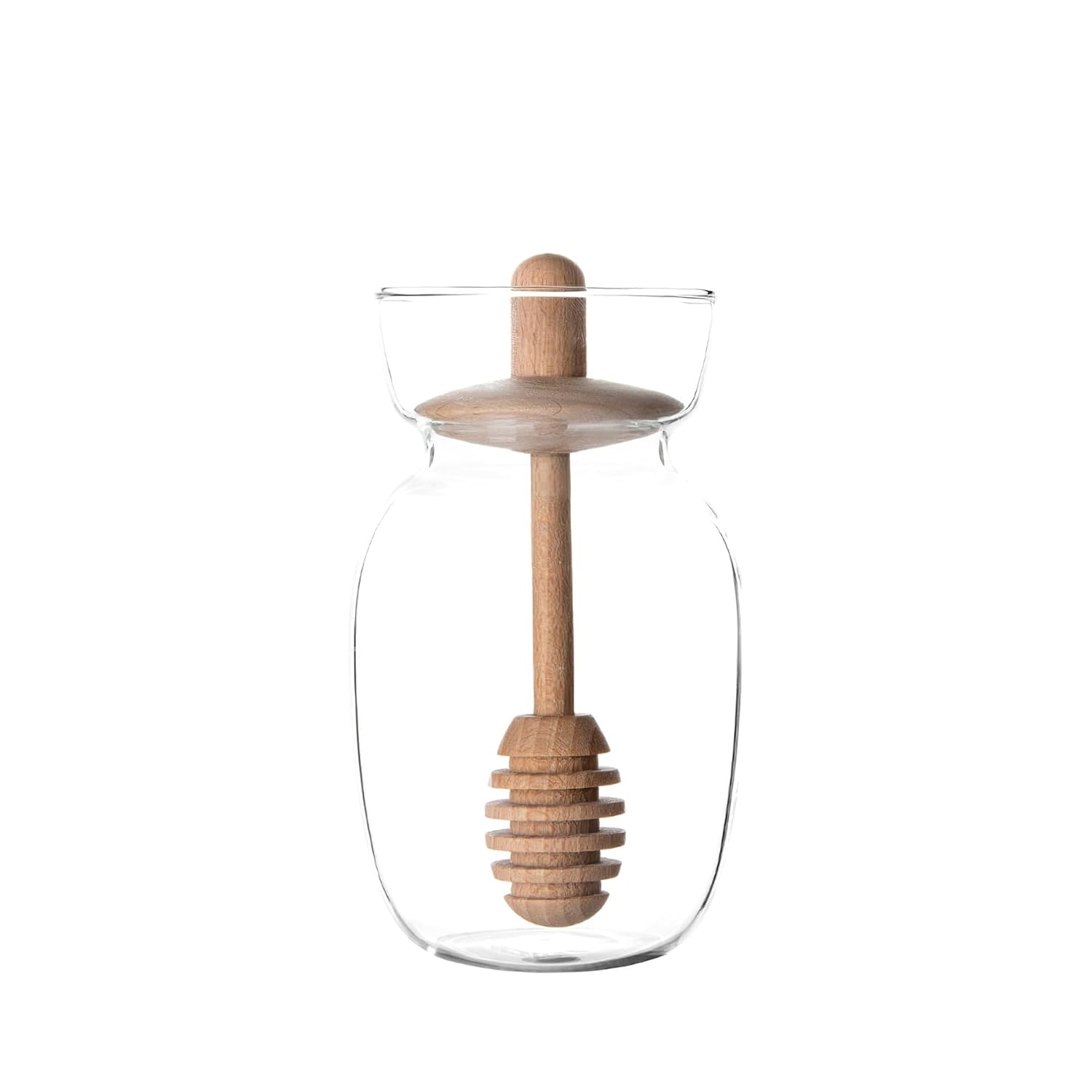 VIVA Handmade Small Glass Honey Jar with Dipper - Wood Stick for Smooth Pouring - 10 oz / 300 ml