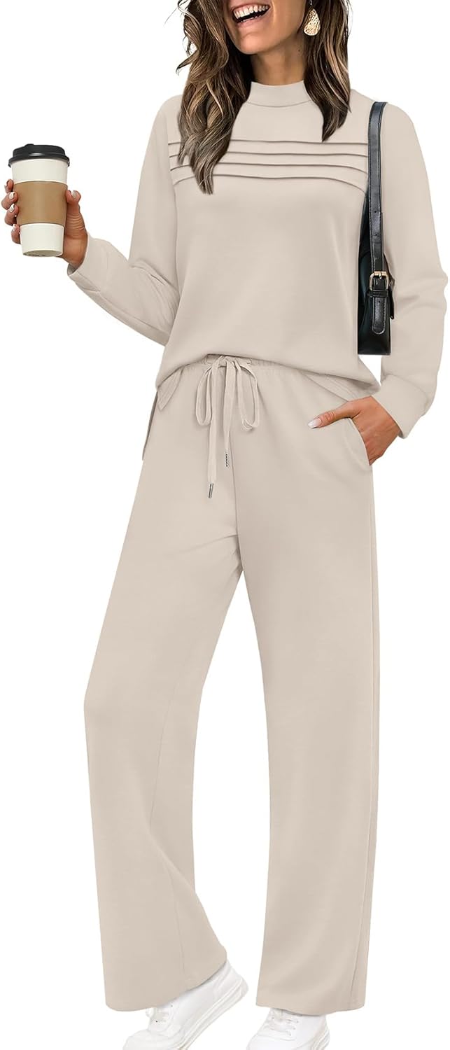 WIHOLL Two Piece Sets for Women Fall Travel Vacation Outfits Long Sleeve Lounge Sets Side Slit Wide Leg Pants S-3XL
