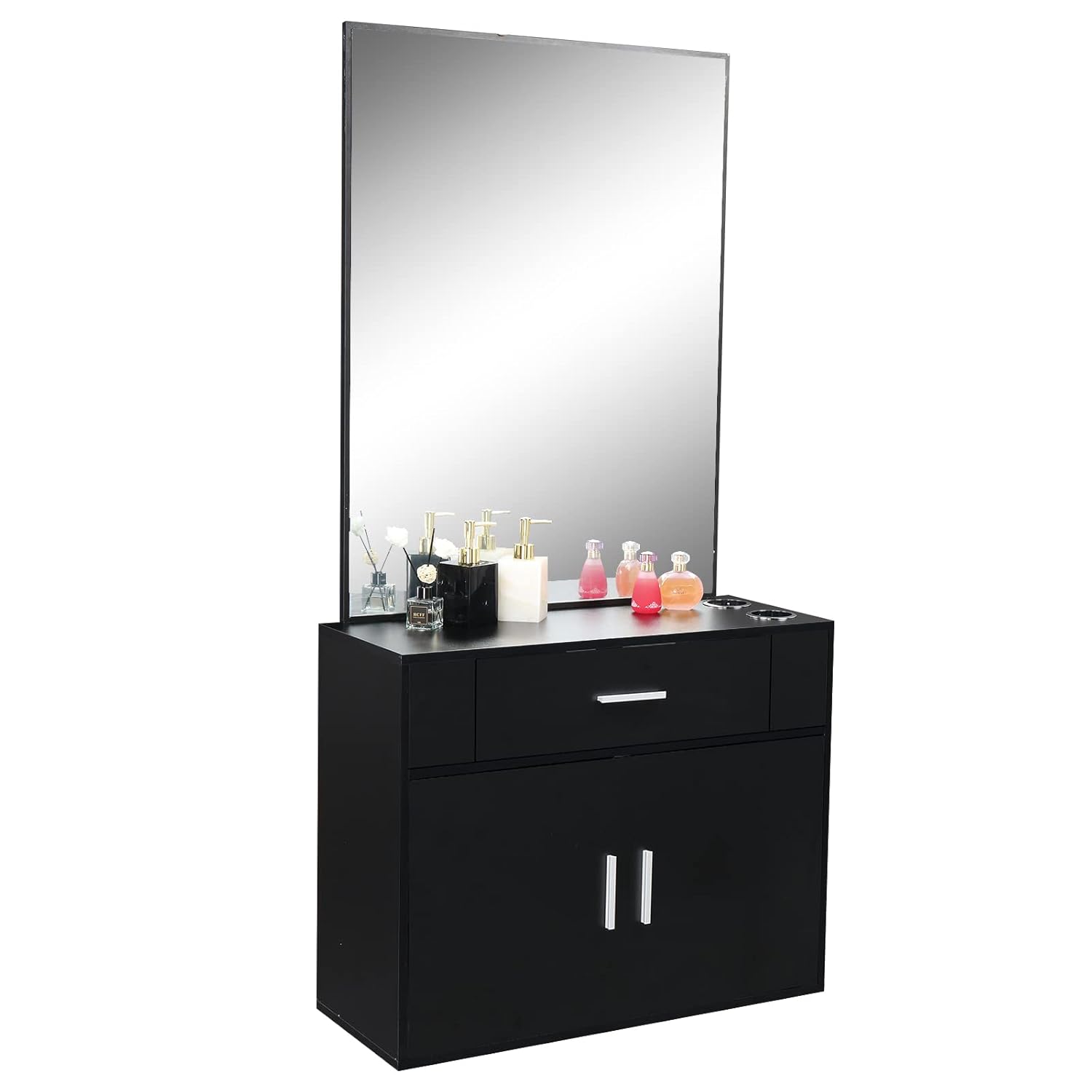 Winado Wall Mount Salon Station - Barber Salon Station with Mirror, 1 Storage Cabinet, 2 Hair Dryer Holders for Hair Stylist Beauty Spa Equipment, Black