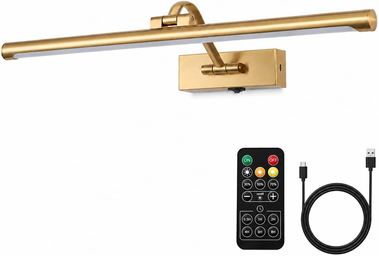 5W LED Wireless Picture Lights with Remote and Timer 23.6 Inch Rechargeable Brass Gallery Lighting Battery Operated Art Lights Over Frame Portrait