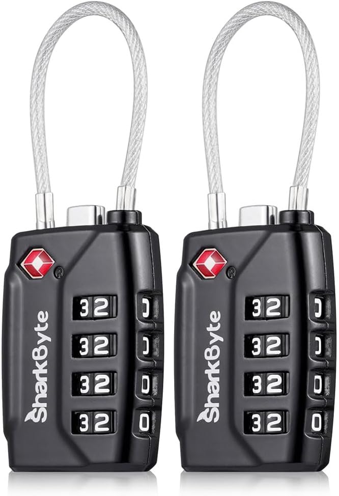 SharkByte TSA Approved Suitcase Locks - 4-Dial Security Travel Combination Padlock, Flexible Cable Wire Travel Lock for Suitcases, Luggage Locks, Travel Bag Gym Locker Small PadLock with code (2 Pack)