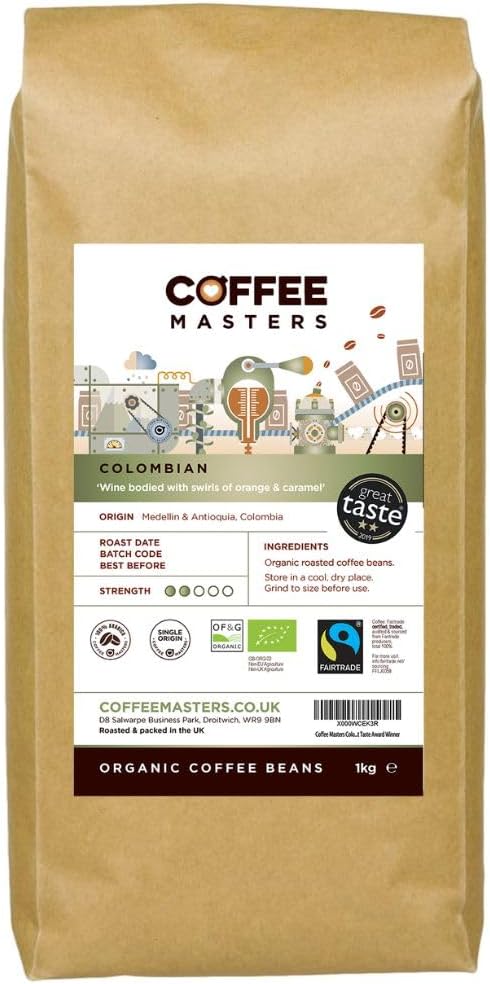 Coffee Masters Colombian Organic Coffee Beans 1kg - Fairtrade, Single Origin, 100% Arabica, Light Roasted Whole Bean Ideal for Espresso Machines - Great Taste Award Winner