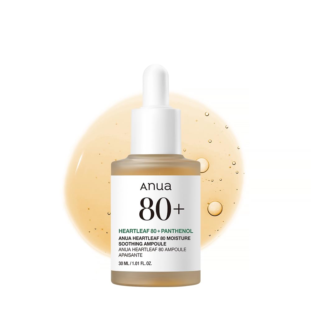 Anua Heartleaf 80 Soothing Ampoule, Hydration Facial Serum for Glass Skin, Panthenol, Hyaluronic Acid, Non-Greasy, Gentle Formula, Lightweight Essence, Vegan, Korean Skin Care, 30ml/1.01 fl.oz