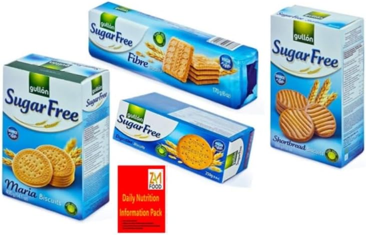 Gullon Sugar Free Biscuits Plain Assortment x 4 Diabetic friendly Types with zamfoods nutrition pack- Maria, Shortbread, Fibre & Digestive on christmas, mothers & Fathers days gift pack (1 Bundle)