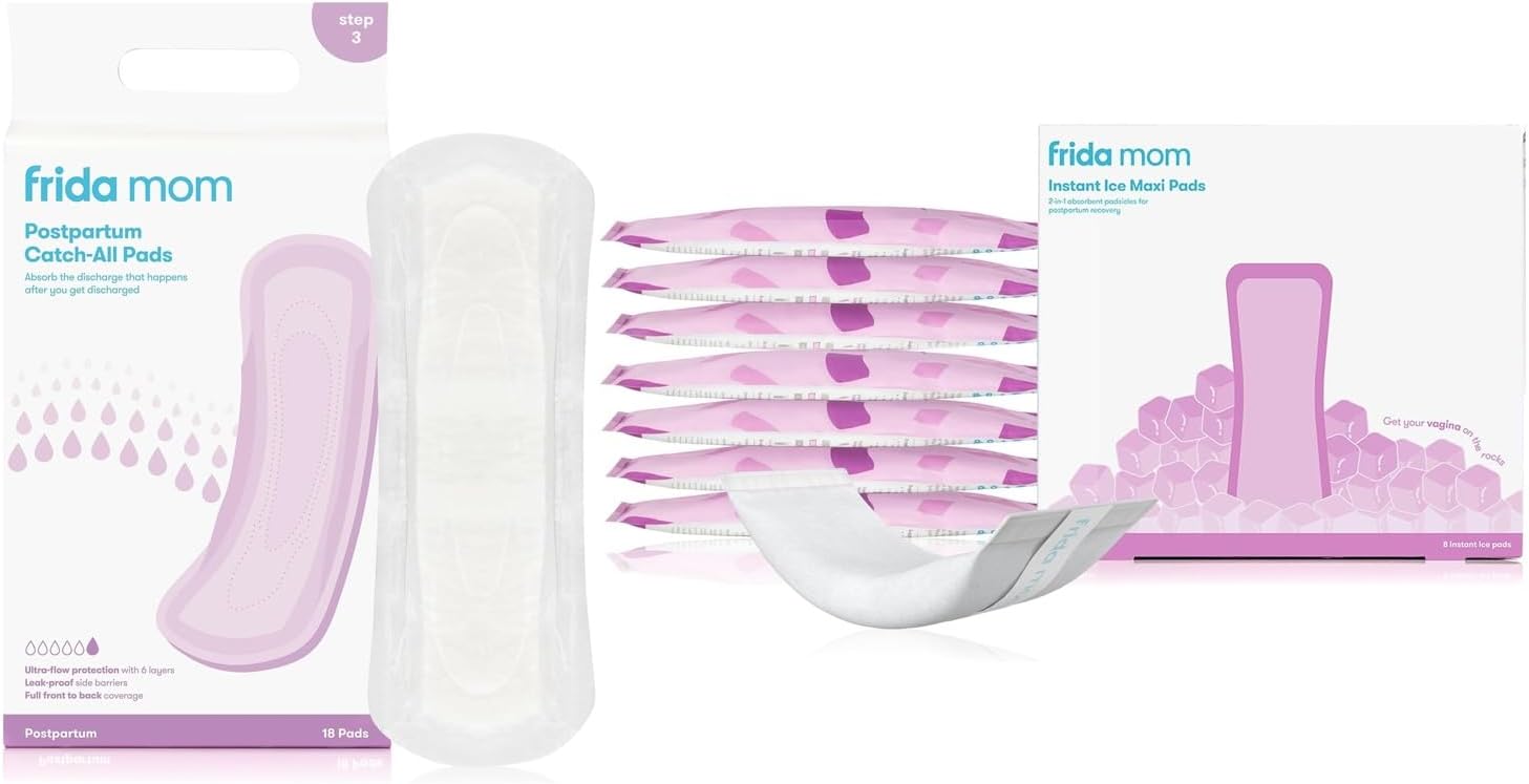 Frida Mom 2-in-1 Postpartum Cold Ice Pads (8ct) + Frida Mom Leak Proof Feminine Care Maxi Pads (18ct) Essentials