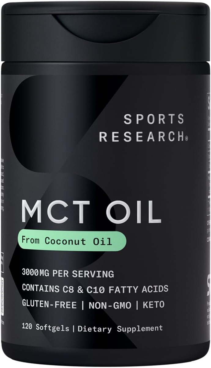 Sports Research MCT Oil Capsules derived from Coconut Oil | Keto Fuel for The Brain & Body | High Potency 3000 mg | Derived from Non-GMO Coconuts (120 Softgels)