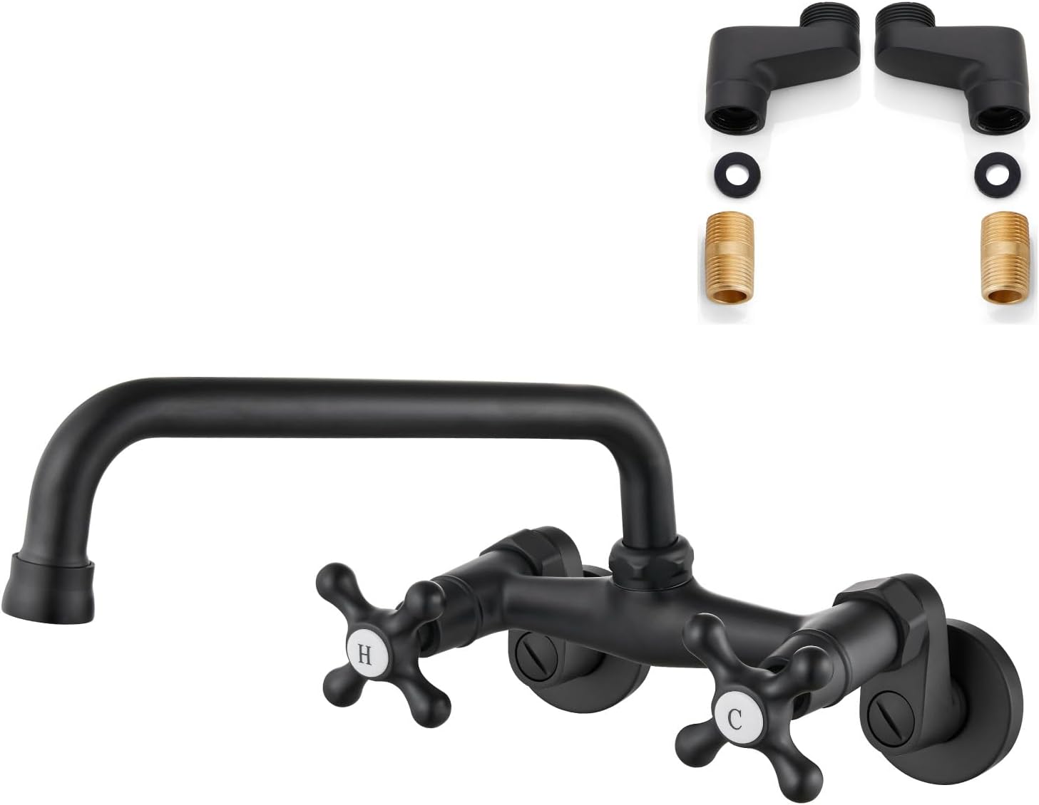 Airuida Matte Black Wall Mount Kitchen Sink Faucet 8 Inch Spout Reach Commercial Utility Laundry Restaurant Mixer Tap Adjustable Center Double Cross Handles 360 Rotatable Spout