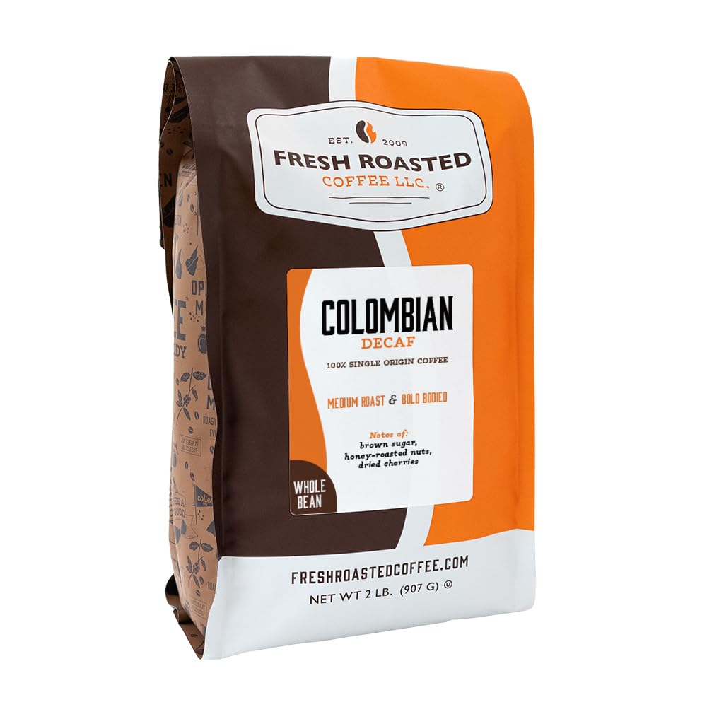 Fresh Roasted Coffee, 100% Colombian EA Natural Decaf Whole Bean Coffee, Medium Roast, Kosher, 2 lb (32 oz)