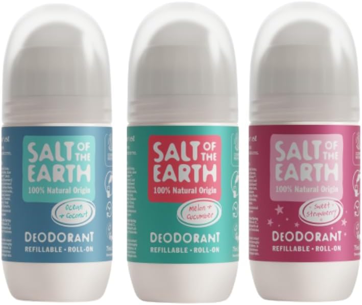 Salt of the Earth - Refillable Natural Deodorant Roll On, Kid's Bundle (3 x 75ml) for Men, Women & Kids, Vegan, Cruelty Free, 100% Natural Ingredients