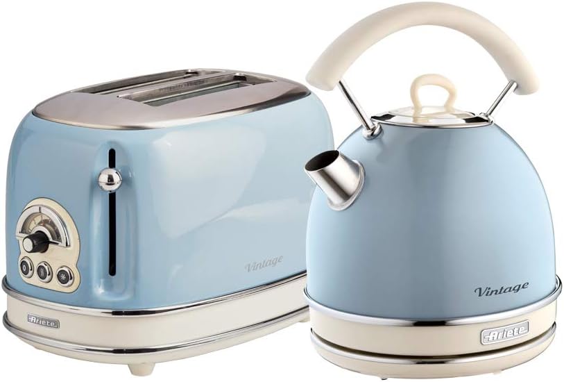 Ariete ARPK12 Retro Style Dome Kettle and 2 Slice Toaster Set, Vintage Design, Blue