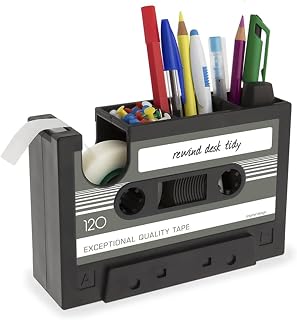 Tape Dispenser with Pen Holder, The Retro Cassette Heat Tape Dispenser, Cute Roll Holder with 1 Roll, Paperclips Holder,Stationery Desk Tidy Container, Office Stationery Storage,Great Office Gifts