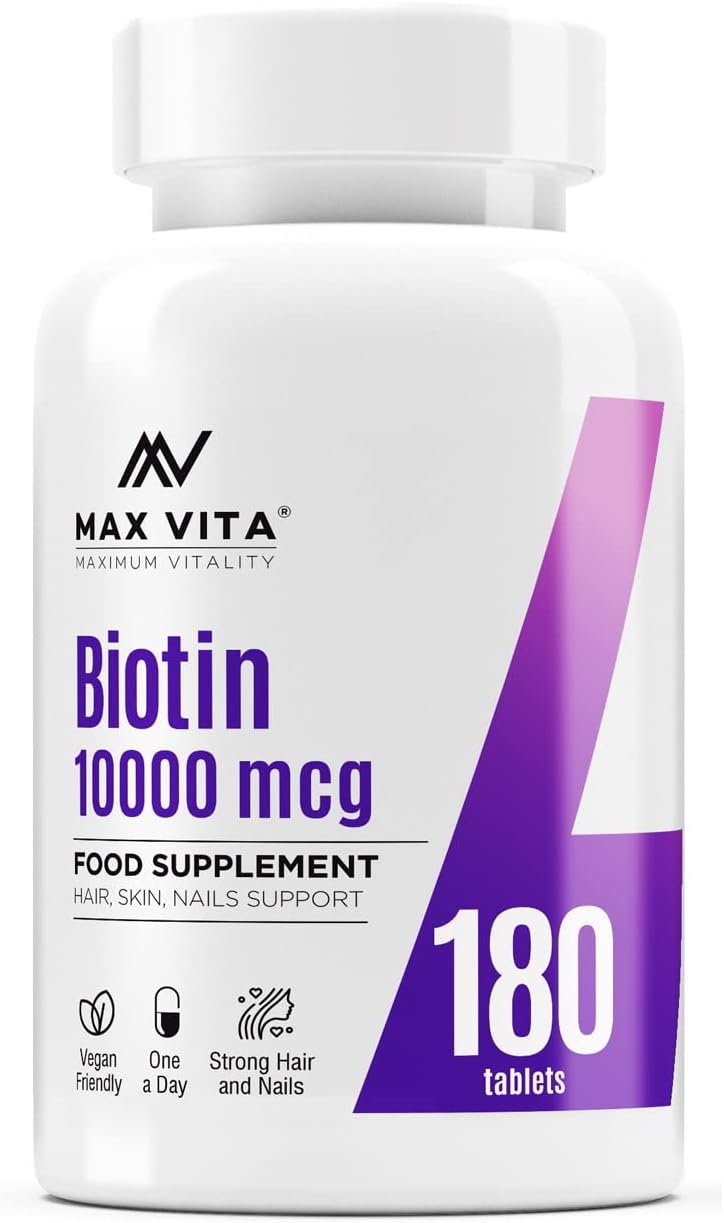 Biotin 10,000mcg High Strength Supplement for Men and Women|Supports Healthy Hair, Skin & Nails|180 Vegetarian Tablets (Non-GMO, Gluten Free) Made in The UK