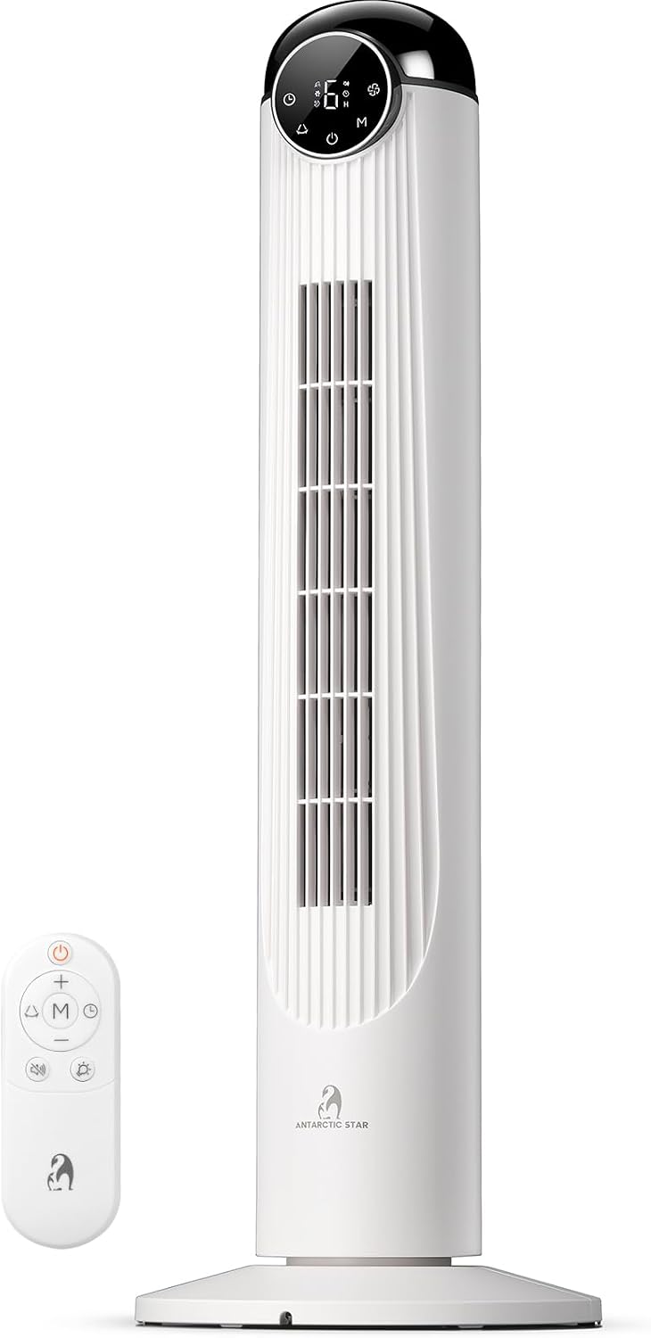 Antarctic Star T36 Tower Fan-36 Inch, Bladeless Oscillating Fan with Remote, 6 Speeds & 4 Modes, LED Display, 9H Timer, Quiet Floor Standing Fan for Bedroom Living Room Office, White