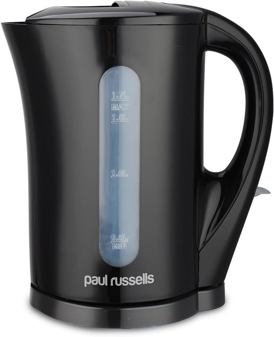 paul russells Electric Plastic Kettle, 2200W 1.7L, Hot water dispenser, Black Boil-Dry Protection, Auto Shut off Stirx Control