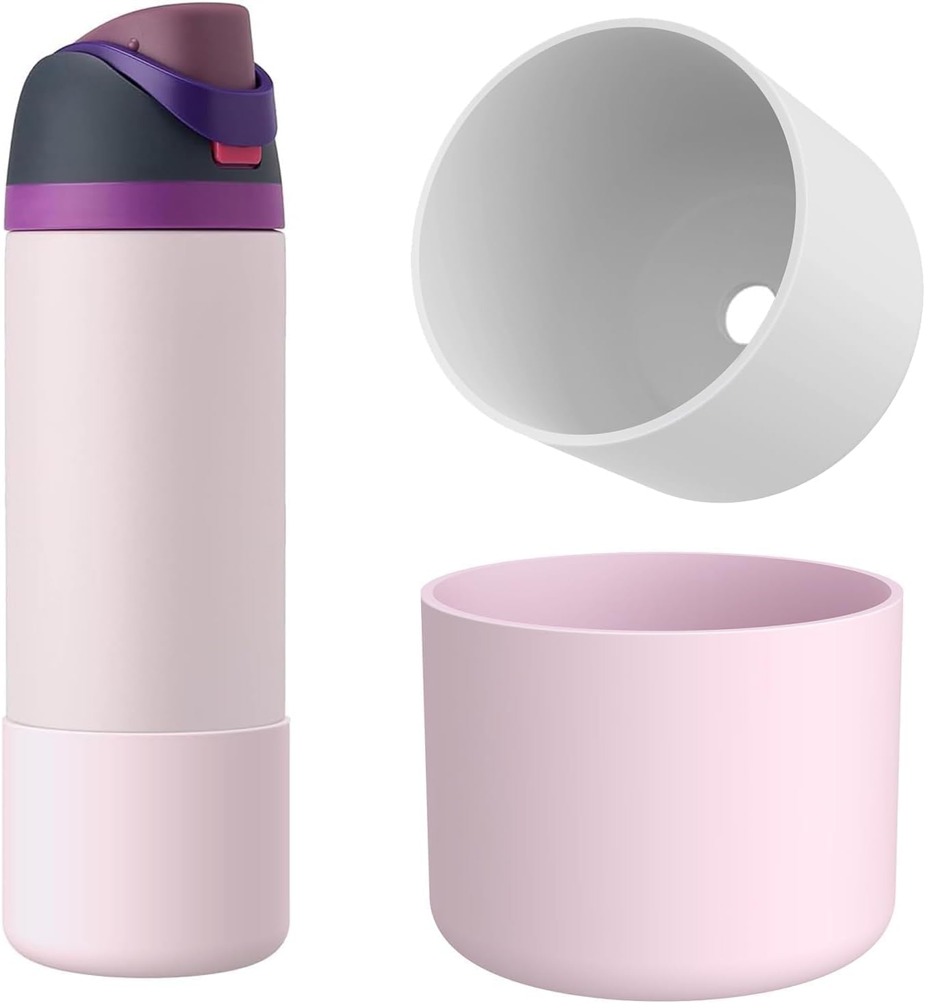 Silicone Water Bottle Boot for Owala 32 Oz, 2Pcs Bottles Bottom Cover Protector for Owala, Anti-Slip Protective Sleeve for FreeSip, Twist, and Flip Stainless Steel Bottles (White+Pink, For 24oz)