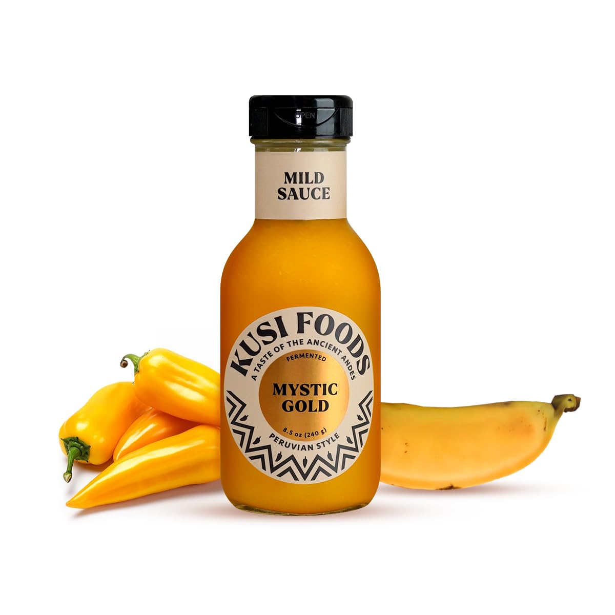 Kusi Foods MYSTIC GOLD Peruvian Mild Hot Sauce, Made with Yellow Chili Peppers, Banana and Aji Charapita, Fruity, Slightly Sweet and Spicy, Fermented 50 days, 8.5 oz