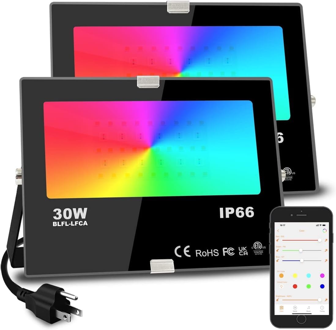 Led Flood Light 30W, 300W Equivalent 3000 LM Outdoor Color Changing Led Stage Landscape Lights, Bluetooth RGBW Smart Floodlights 2700K & 16 Million Colors&Timing& Music Sync, IP66，US 3-Plug (2 Pack)