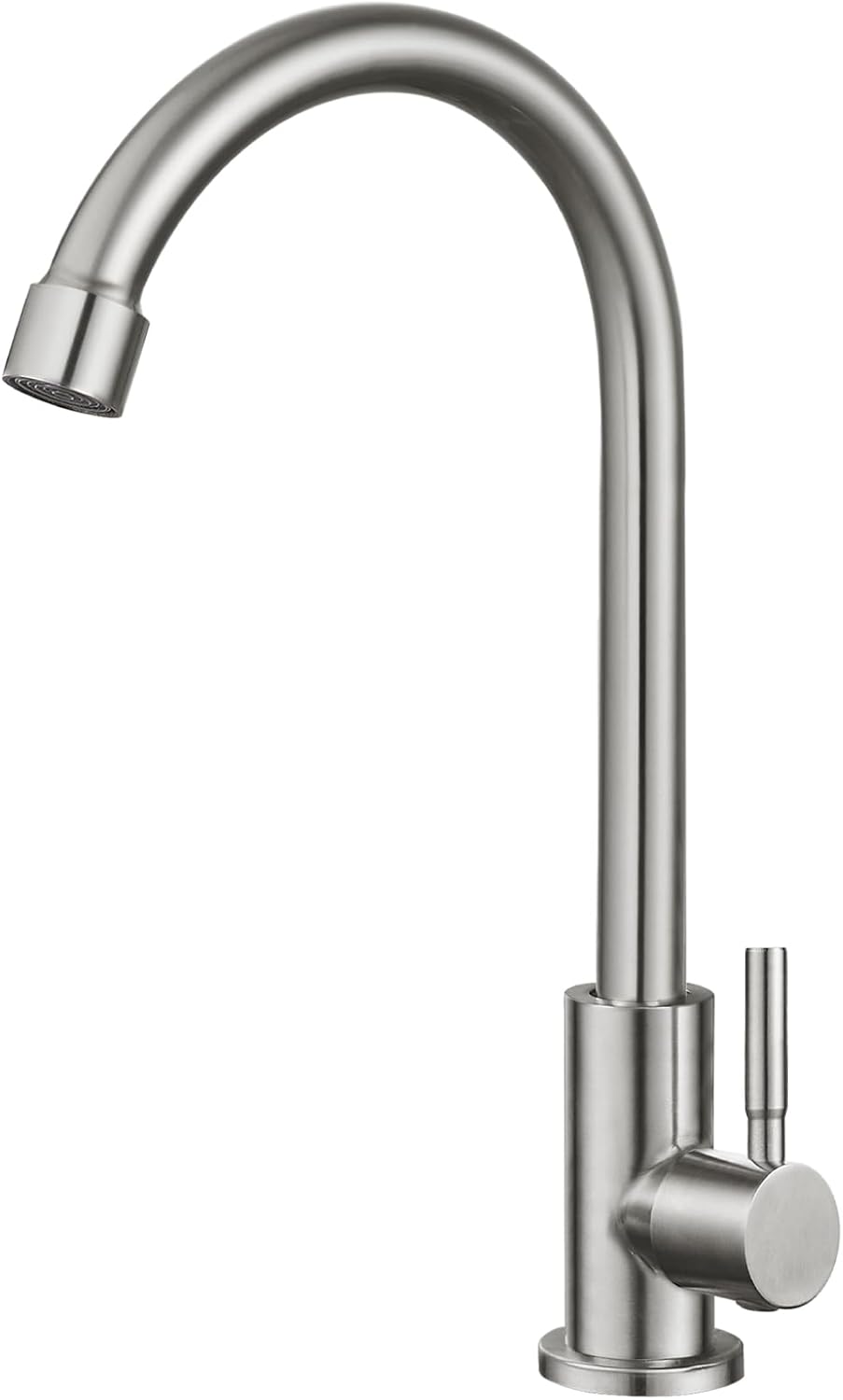 Heyalan Kitchen Faucet Cold Water Only 1 Hole Single Handle 360 Degree Swivel Spout Deck Mount High Arc SUS304 Sink Bar Tap Goose Neck with Hose and Longer Thread Pipe,Brushed Nickel