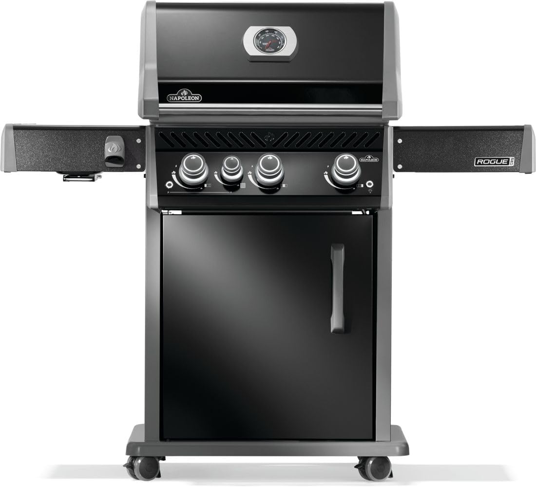 Napoleon Rogue PRO 425 3-Burner Propane Grill with Infrared Side Burner | Black, 56,000 BTUs, 716in² Area, Backlit Knobs, Folding Shelf, Cast Iron Grates, Locking Caster Wheels
