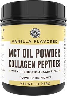 Keto MCT Oil Powder + Collagen + Prebiotic Acacia Fiber, Vanilla Flavor, 16oz. MCT Oil Powder from Coconuts. Grass Fed Collagen, Perfect for Keto, 0 Net Carb, Stevia, Erythritol, Powdered Drink