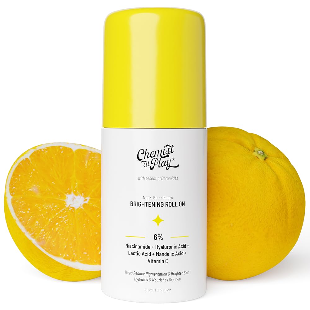 Roll On Serum For Neck, Knee & Elbow With 6% Vitamin C+ Hyaluronic Acid + AHAs + Niacinamide + Ceramides | Exfoliates, Removes Pigmentation, and Hydrates Dry Skin | 1.4 fl oz.