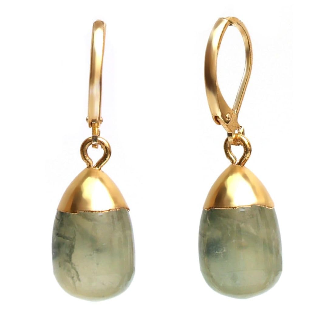 Gempires Prehnite Small Drop Dangle Earrings, Natural Gemstone Jewelry with Hypoallergenic 14k Yellow Gold Plated Leverback, Everyday Wear, Gift for Mom, Wife, Girlfriend, Best Friend