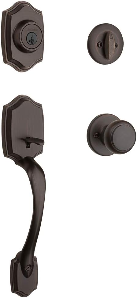 Kwikset Belleview Front Door Lock Handle and Deadbolt Set, Entry Handleset Exterior with Interior Door Knob, Venetian Bronze, Pick Resistant SmartKey Rekey Deadbolt Security, Brown