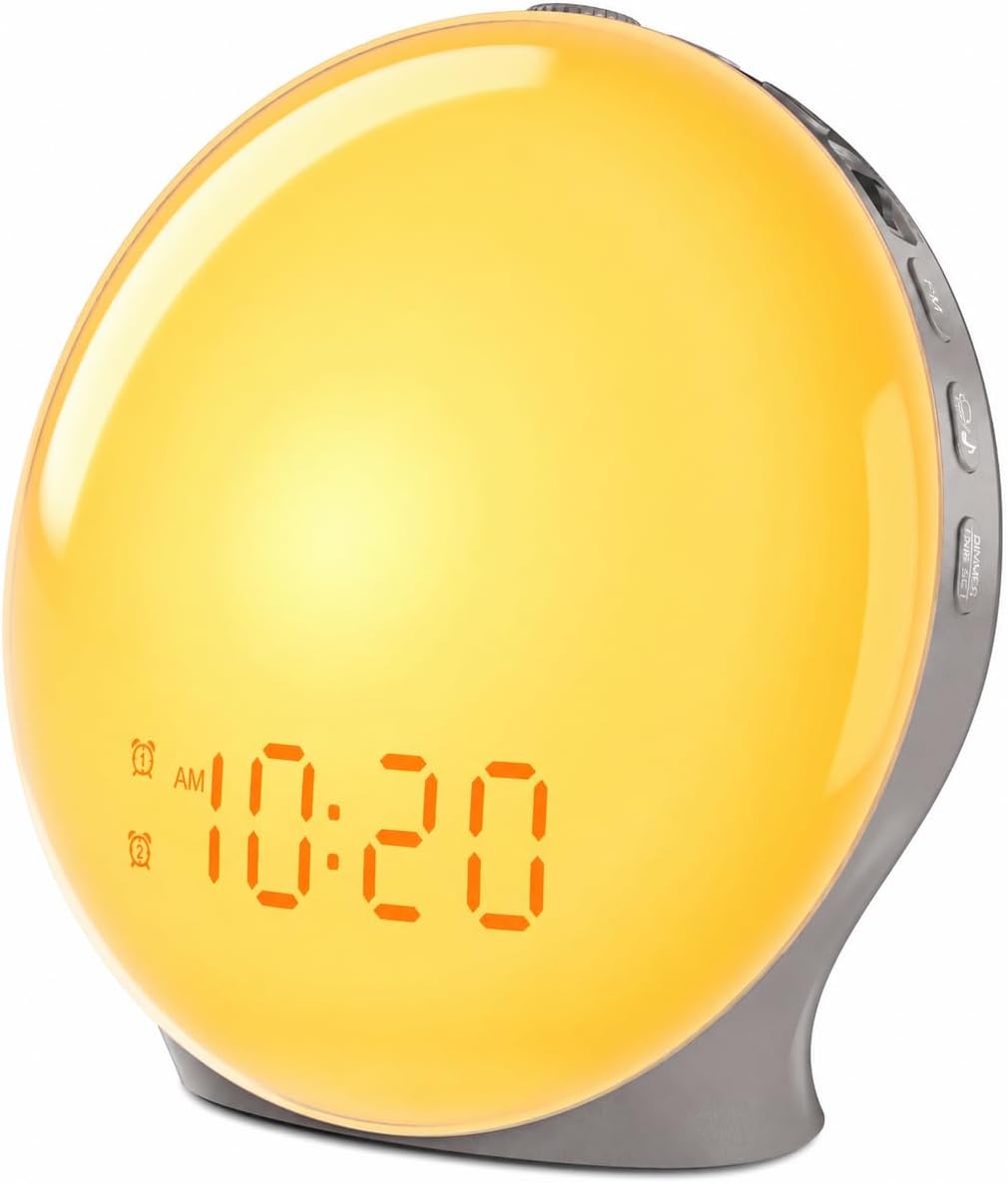 JALL Full-Screen Wake Up Light Sunrise Alarm Clocks for Bedrooms, White Noise Machine for Heavy Sleepers, 25 Natural Sounds, Dual Alarms, FM Radio, 17 Dimmable Colors, Bluetooth Speaker, Metallic Gray