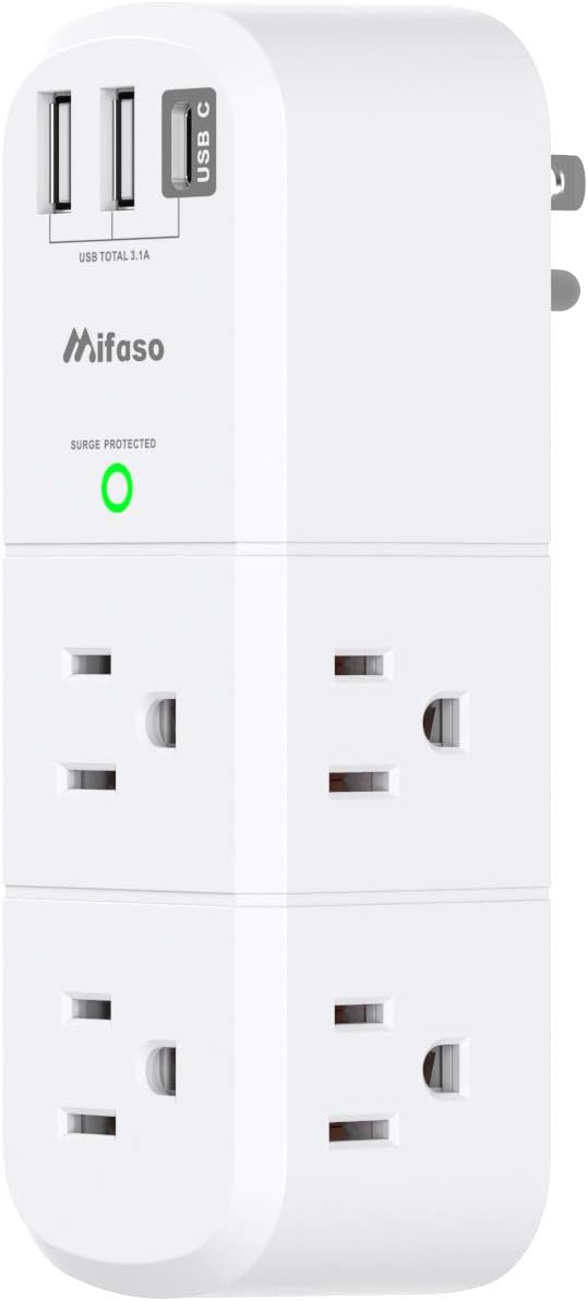 USB Outlet Extender Surge Protector - Mifaso Rotating Plug, 6 AC Multi Plug and 3 USB Ports, 1800 Joules, 3-Sided Swivel Power Strip Spaced Splitter for Home, Office, Travel