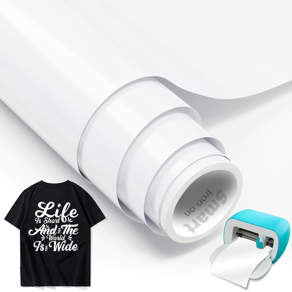White Smart Iron On for Cricut Joy, 14 x 200 cm Plotter Film Textile Smart Heat Transfer Vinyl Rolls, Flex Film Plotter Textiles for Iron-on Works without Cutting Mat for DIY T-Shirts, Hoodie, Fabrics