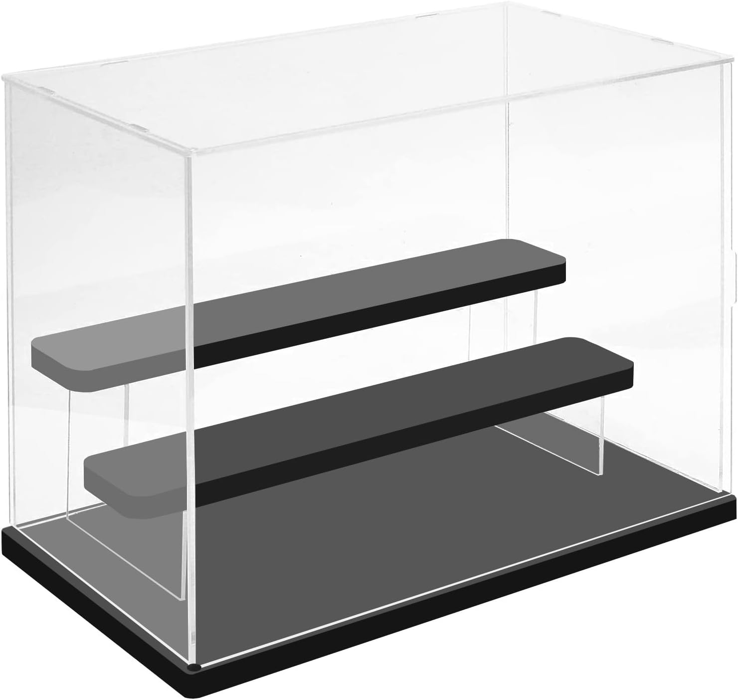 Nynelly 3 Tier Clear Acrylic Display Case for Models, Mini Figures, Pop Mart, Labubu, Sonny Angel, Smiski - Assemble Dustproof Display Box with Door, Display Stand (Black Base Step)