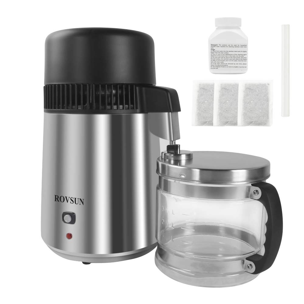 Bonnlo【Upgraded】4L Countertop Water Distiller Machine w/Glass Container, Distilled Water Purifier Filter for Home Use, All Stainless Steel Interior Distilling Pure Water Maker, 220V 750W (Silver)