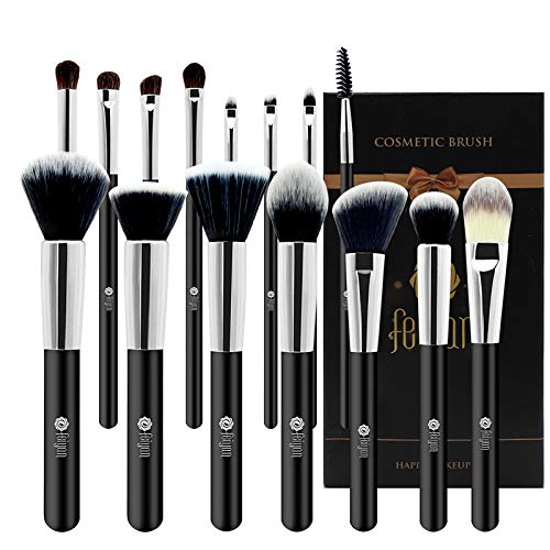 Professional 15 Pcs Makeup Brush Set Premium Synthetic Kabuki Cosmetics Eye Face Lip Foundation Blending Blush Powder Liquid Cream Brush Kit with Bag (Black)