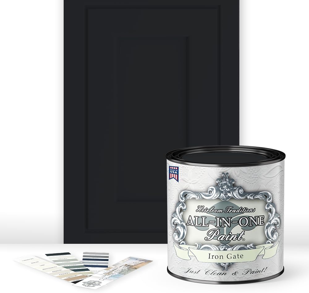 Heirloom Traditions ALL-IN-ONE Paint, Iron Gate (black), Quart - Durable cabinet and furniture paint. Built in primer and top coat, no sanding needed. Includes our 30 featured color card.