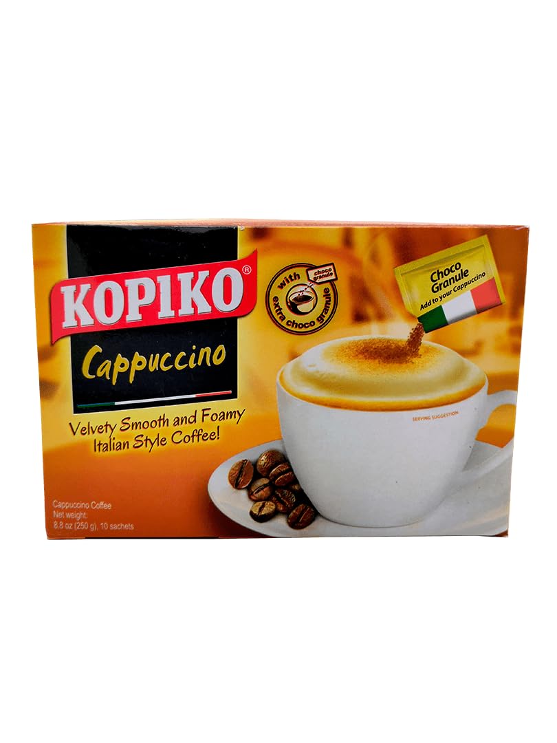 Kopiko Kopiccino with Choco Granule - Instant Cappuccino flavor coffee (10 sachets) | Authentic Indonesian volcanic instant coffee – creamy blanca & 3 in 1 varieties with tempting aroma