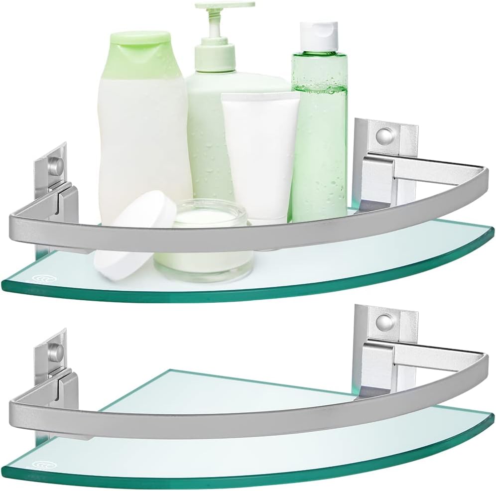 2 Pcs Tempered Glass Corner Shelf with Rail & Brackets, 9.5" x 9.5" Floating Shower Caddy, Wall Mounted Shampoo Holder Organizer for Bathroom, Kitchen, Living Room