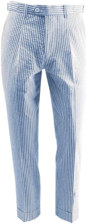 Men's Summer Seersucker Slim Fit Pants Flat Front Lightweight Sear Sucker Suit Separate Pants Trousers