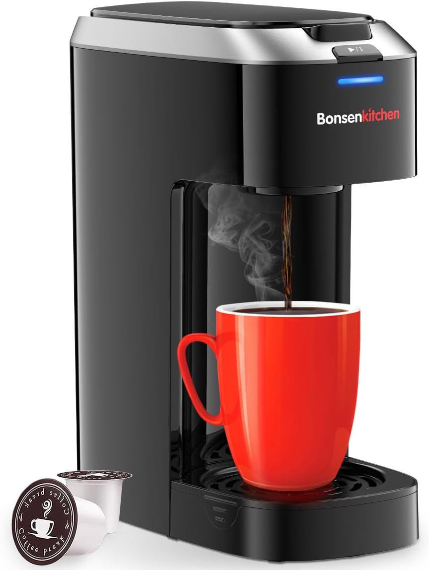 Bonsenkitchen Single Serve Coffee Maker, Coffee Brewer for K Cup Capsule, Fast Brewing Coffee Machine, Space Saving Design, 6 to 14oz Brew Size, Fits 6.6" Travel Mugs, Silver