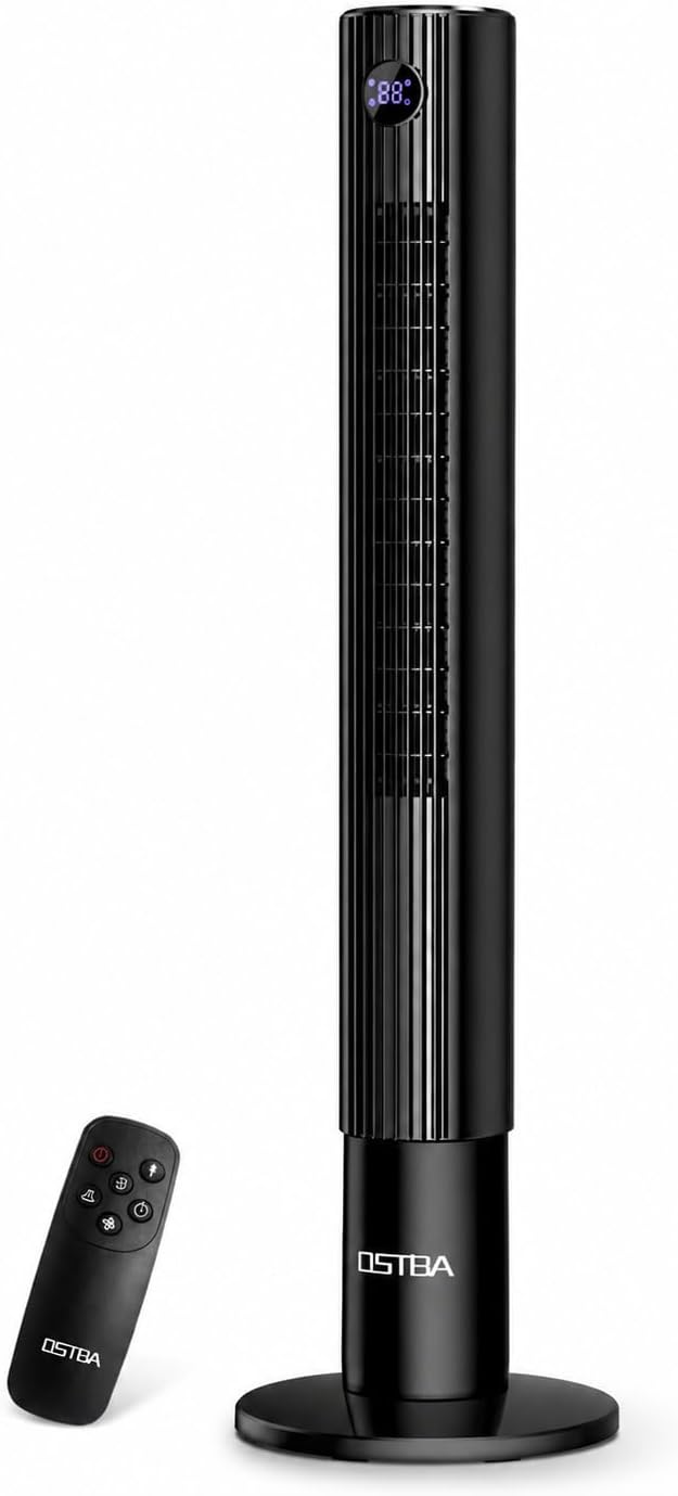 OSTBA Tower Fan for Bedroom, Quiet Bladeless Oscillating Fan with Remote | 28dB Cooling with LED Display, 12H Timer, 3 Speeds, 2 Modes, Sleep Mode and Floor Standing Design