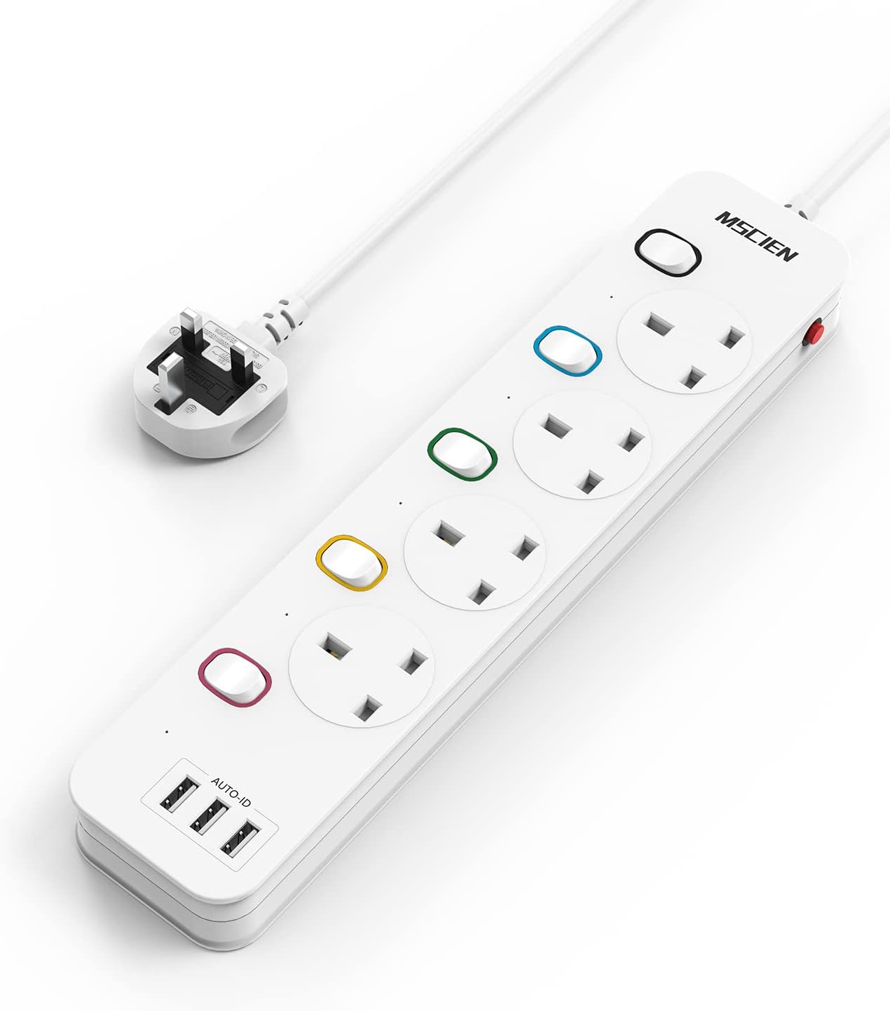 Mscien 3M Extension Lead with USB Slots, 4 Way 3 USB Extension Socket with Individual Switches Mountable Overload Protection Power Strips with 3Metre Extension cable 3250W