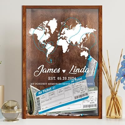 Custom Travel Adventure Archive Box, Personalized Shadow Box for Travel Lover Gift, Memory Box with Ticket Display for Keepsakes, Wooden Keepsake Box Gift for Couple
