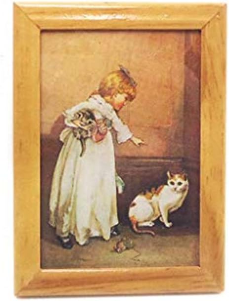 Dollhouse Decoration Accessories, 1:12 Doll House Miniature Painted Wooden Frame Mural Accessories Girl and Cat (Brown)